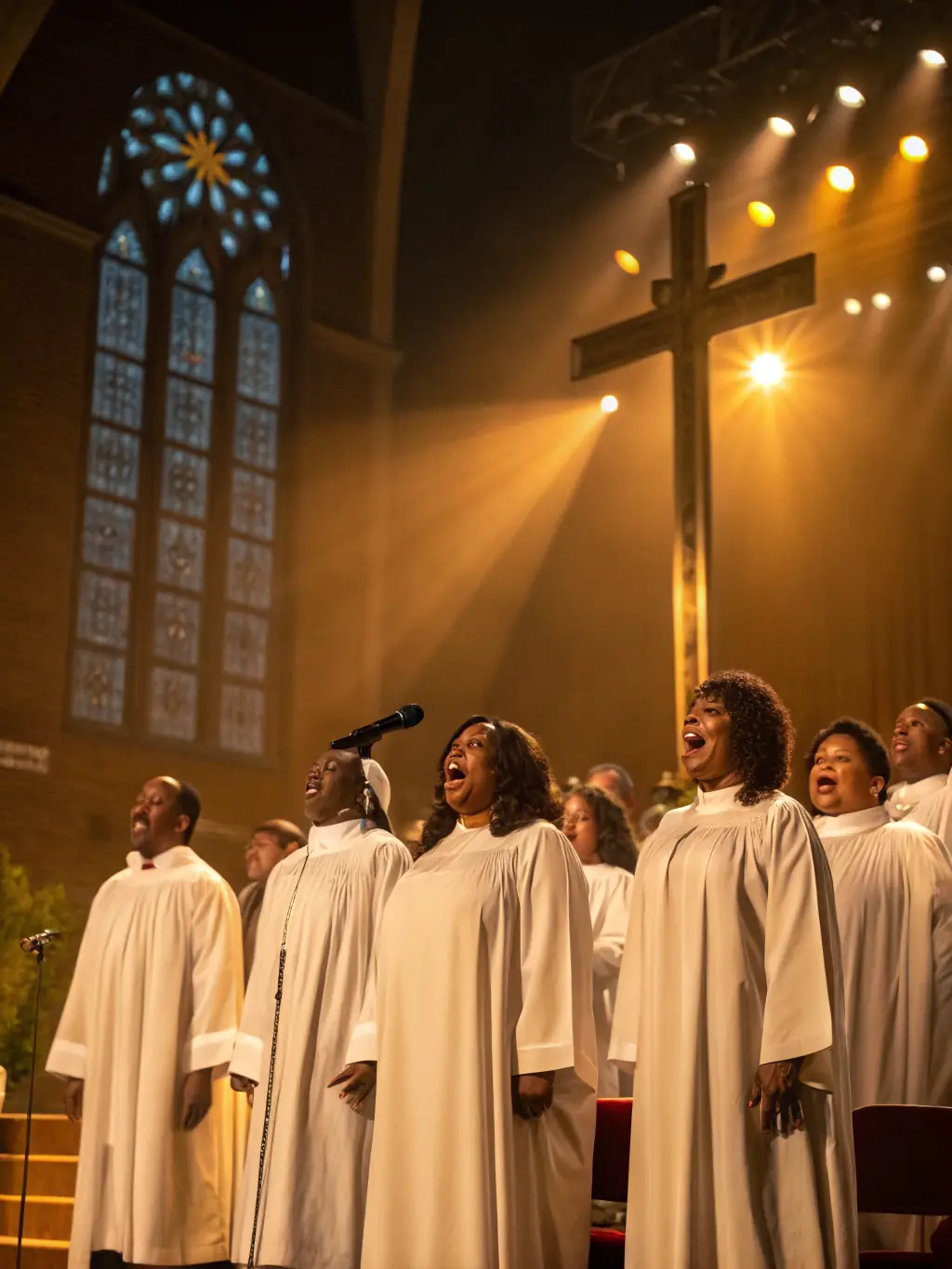 The Mt. Nebo Baptist Church choir performing during a Sunday service, with members dressed in robes and singing with passion.
