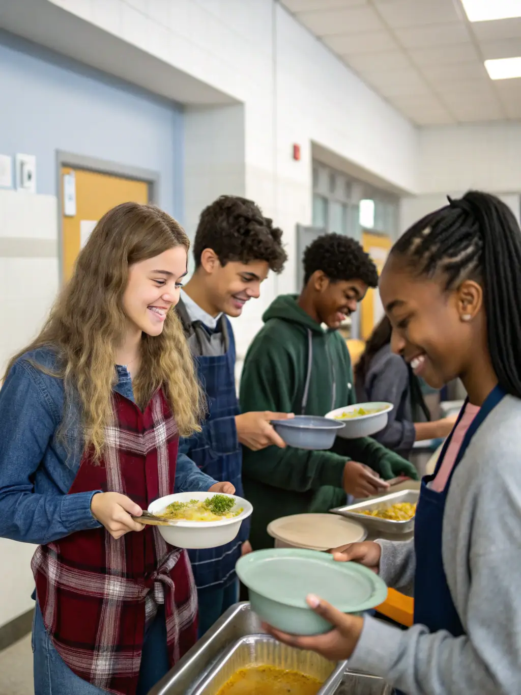 A group of church members volunteering at a local soup kitchen, serving meals to the homeless, showcasing the church's commitment to community outreach.