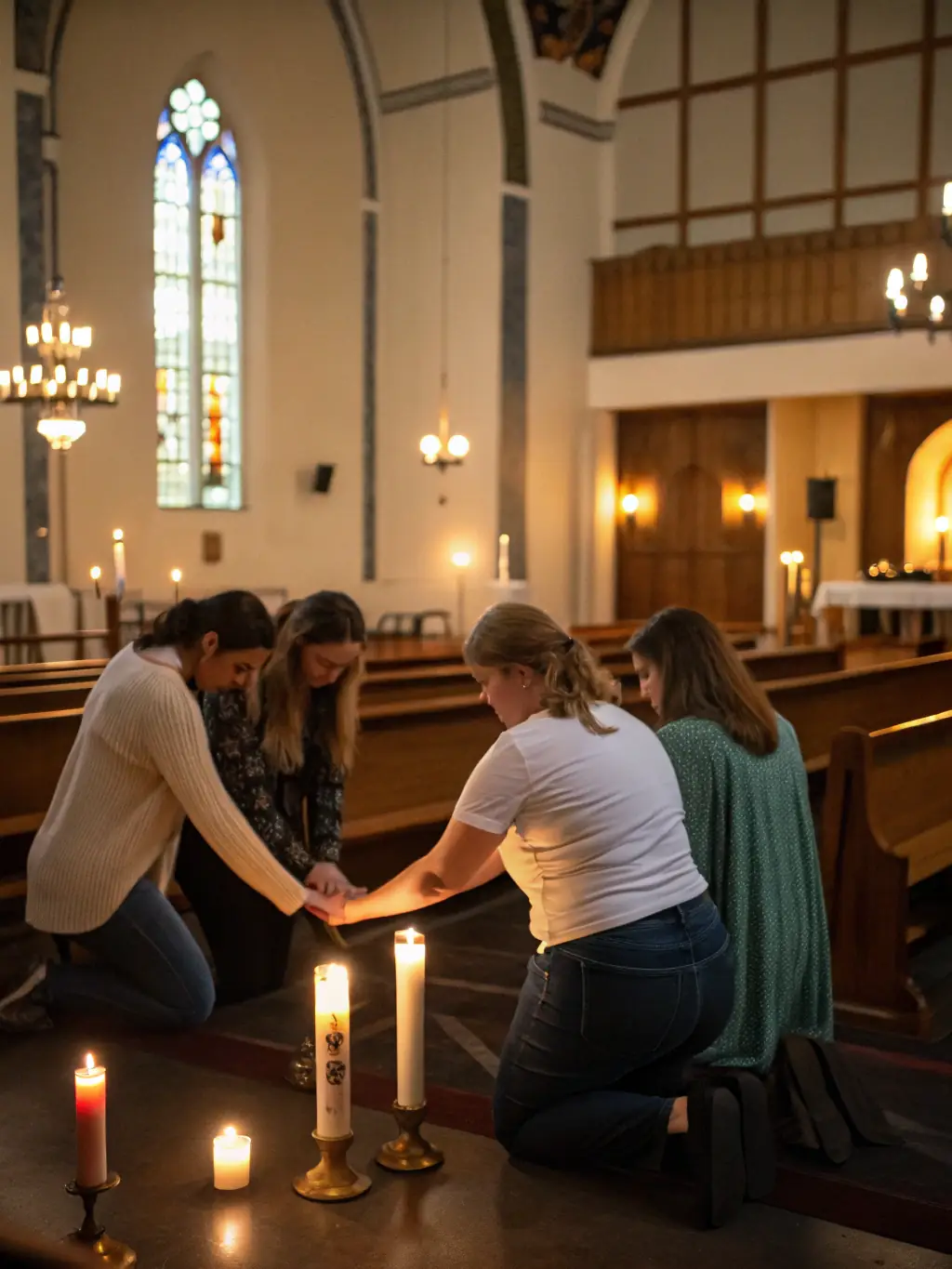 A group of church members praying together during a prayer meeting, seeking guidance and strength from God.