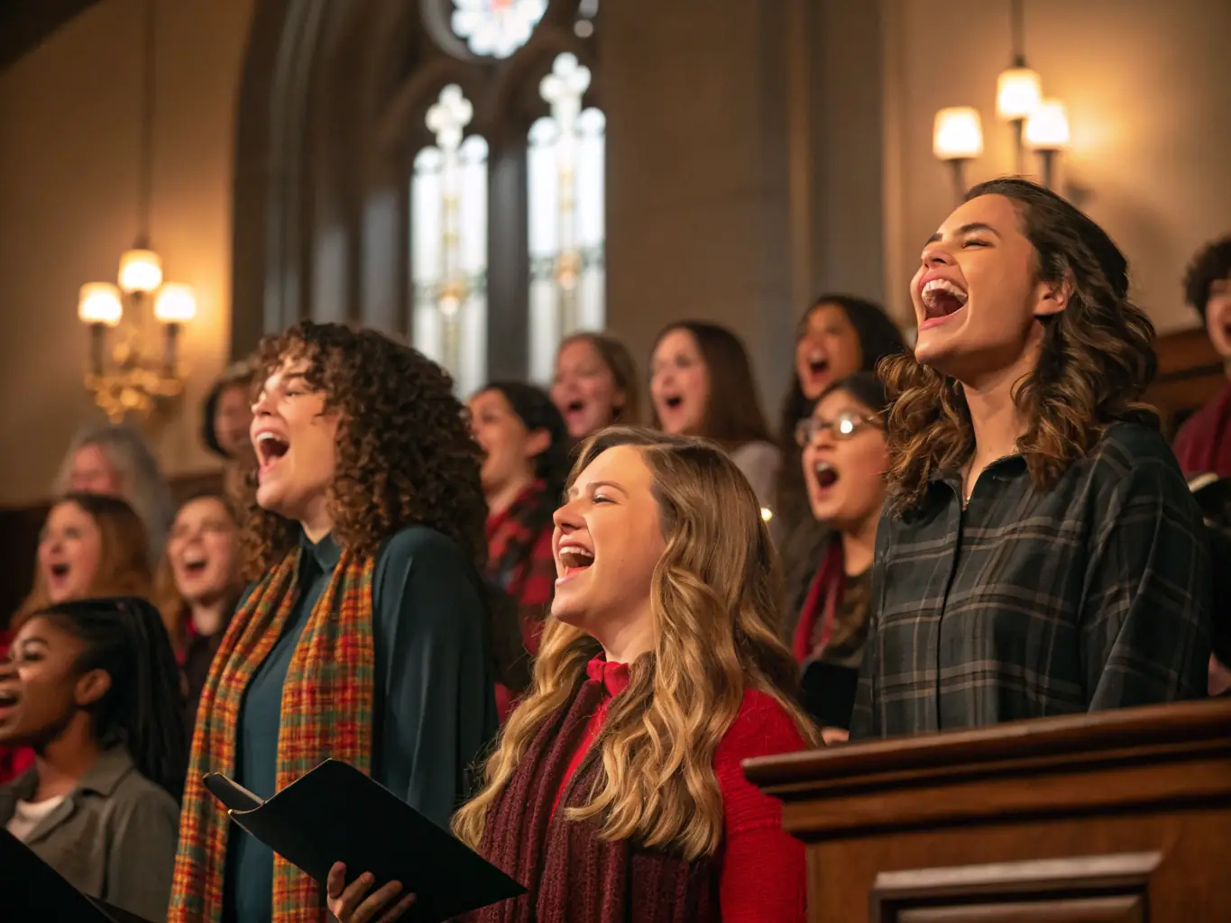 The Historic Mt. Nebo Church choir performing during a Sunday service, with singers in robes and a musician playing the organ.