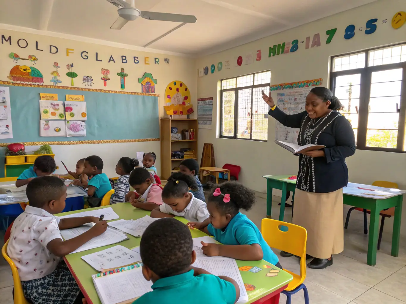 A group of children participating in a Sunday school class, with a teacher leading a lesson in a bright and engaging classroom at Historic Mt. Nebo Church.